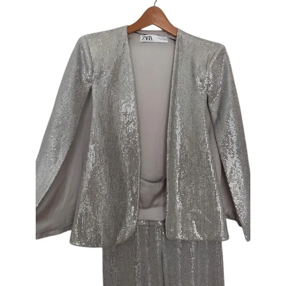 Zara Silver Sequin Cape & High-Rise Culottes Cropped Pants Set NWT- Size S - Picture 10 of 12